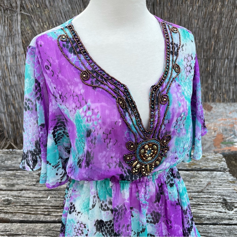 Y2k Purple + Teal Top with Beaded Embellishment
